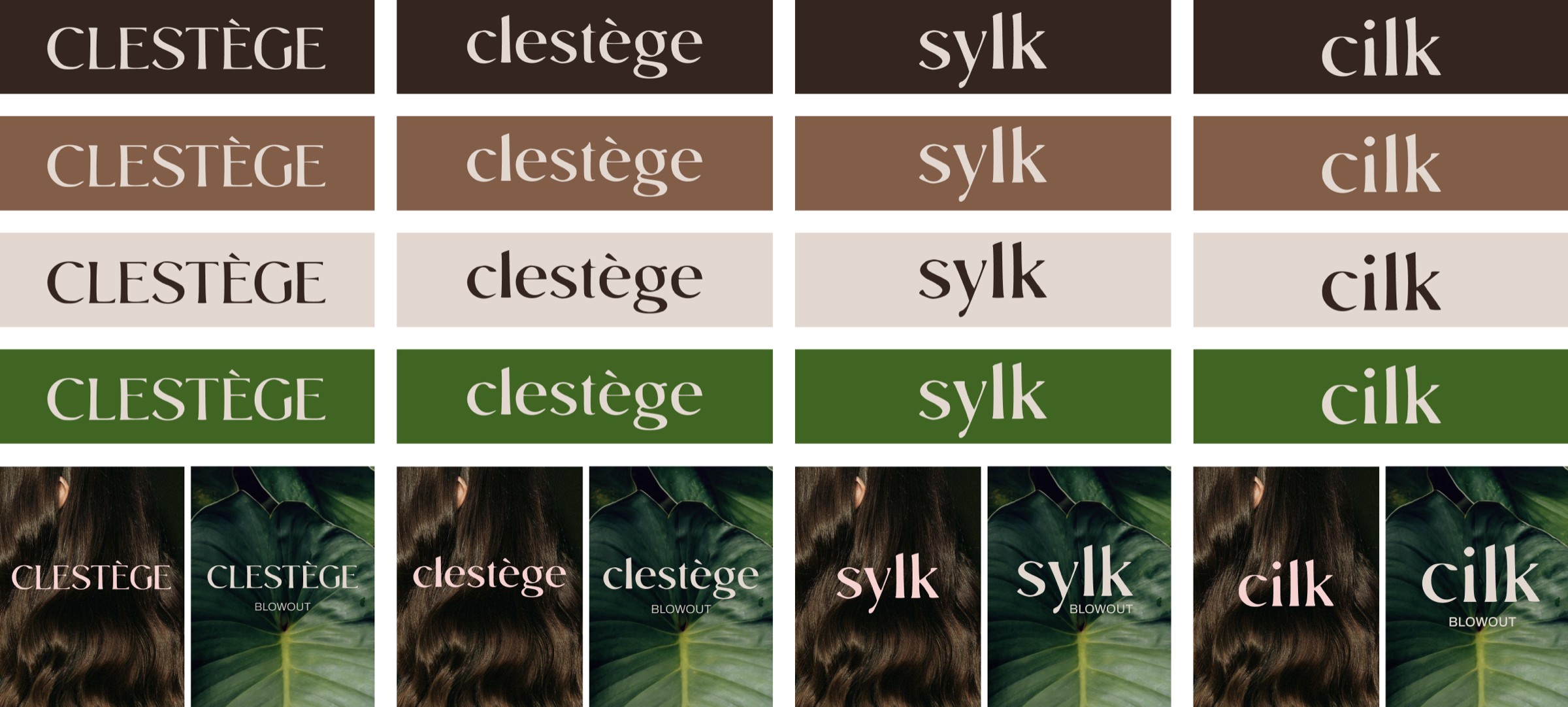 Concept I — the clestège, Sylk and Cilk name candidates explored in the botanic palette, with product mockups